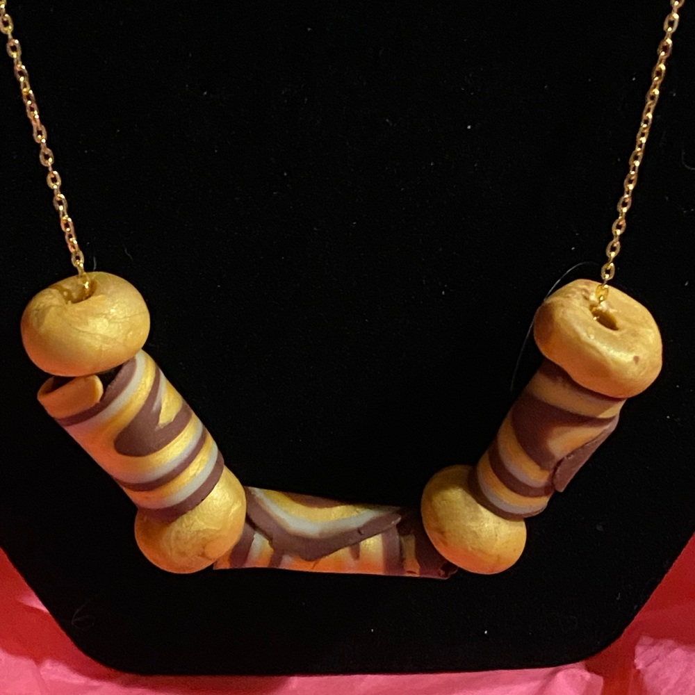 Gold Plated Circular Clay Beaded Necklace, Hand Crafted.